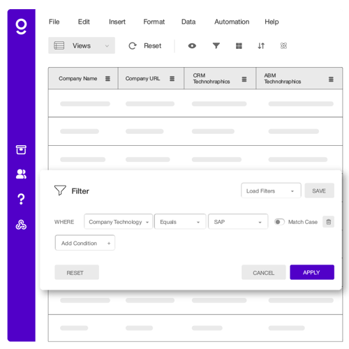 Screenshot of the Thomson Data firmographic data dashboard. It is purple and white and shows filters.