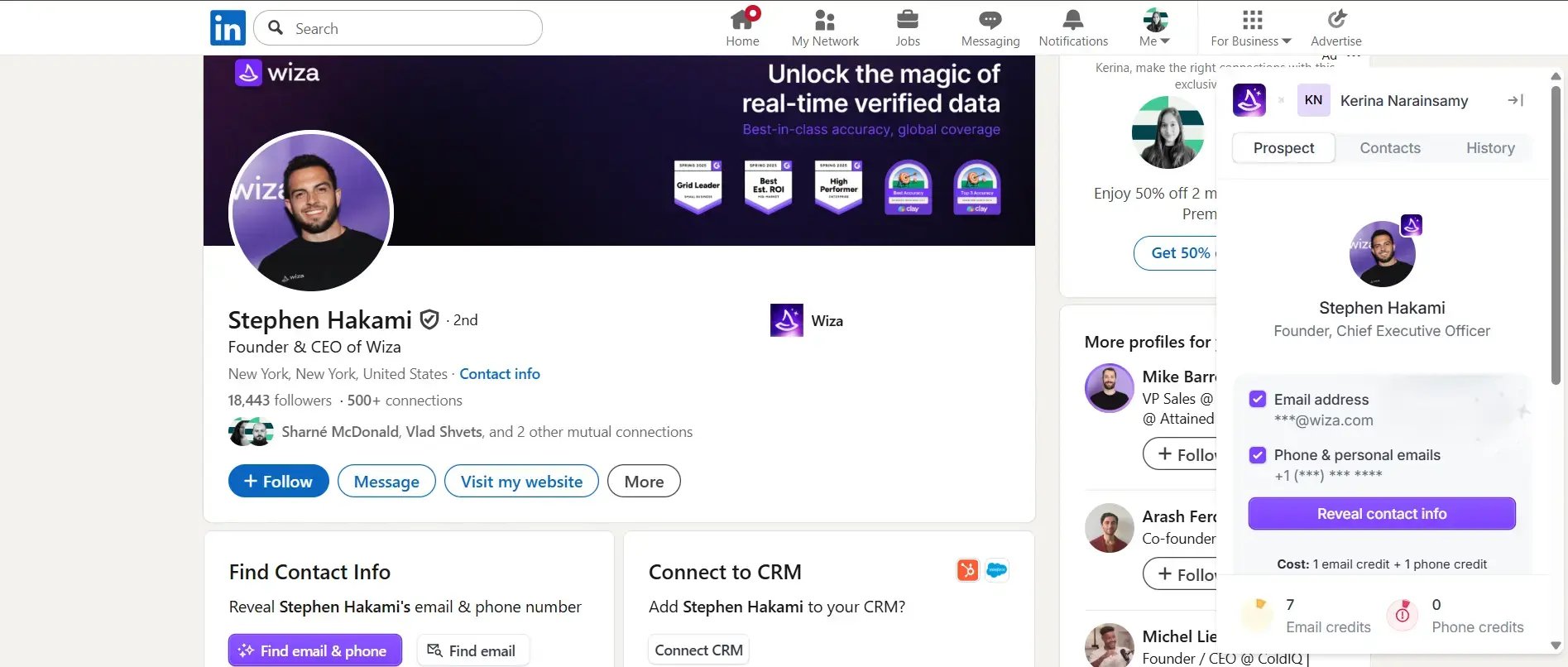 Screenshot of Wiza working over LinkedIn