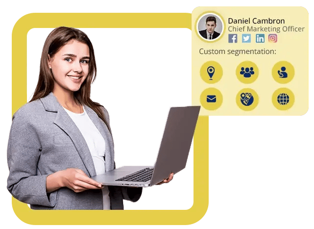 Screenshot from the Blue Mail Media homepage. It is yellow, grey and white and shows a lady holding a laptop with a pop-up to a LinkedIn profile.