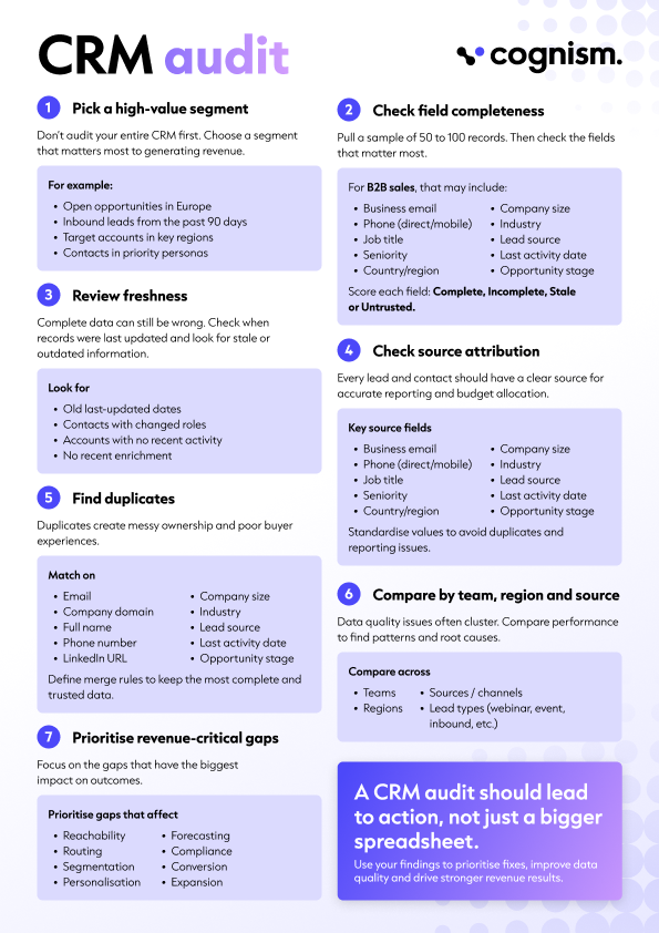 CRM audit infographic with step-by-step instructions