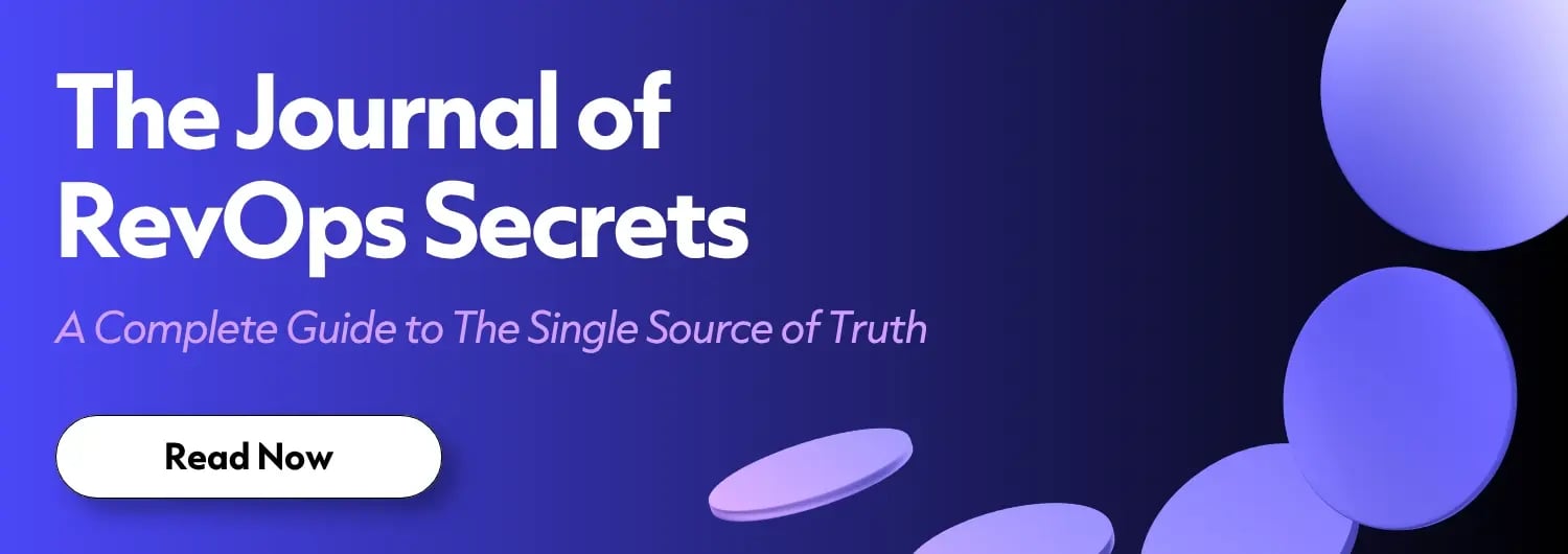 Graphic for 'The Journal of RevOps Secrets', which is described as a complete guide to the single source of truth. It features a modern design with a dark background and floating purple circles. There is a call-to-action button that says 'Read Now', inviting viewers to click and access the journal.