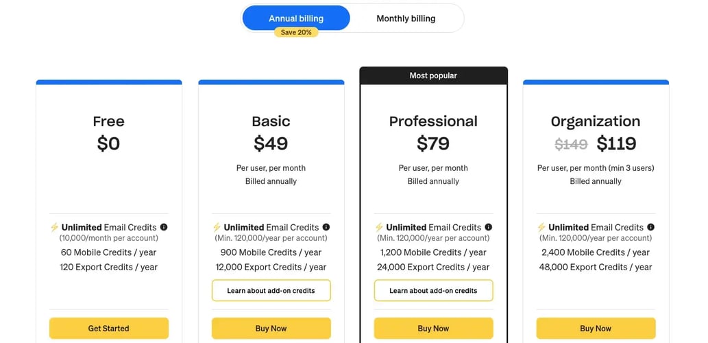 Screenshot of Apollo.io's pricing page