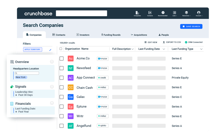 Screenshot of the Crunchbase Advanced Search function