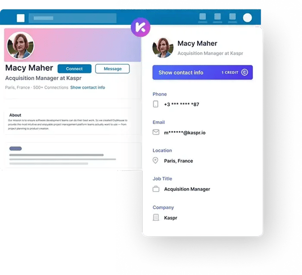 Graphic of the Kaspr Chrome Extension working over a LinkedIn profile