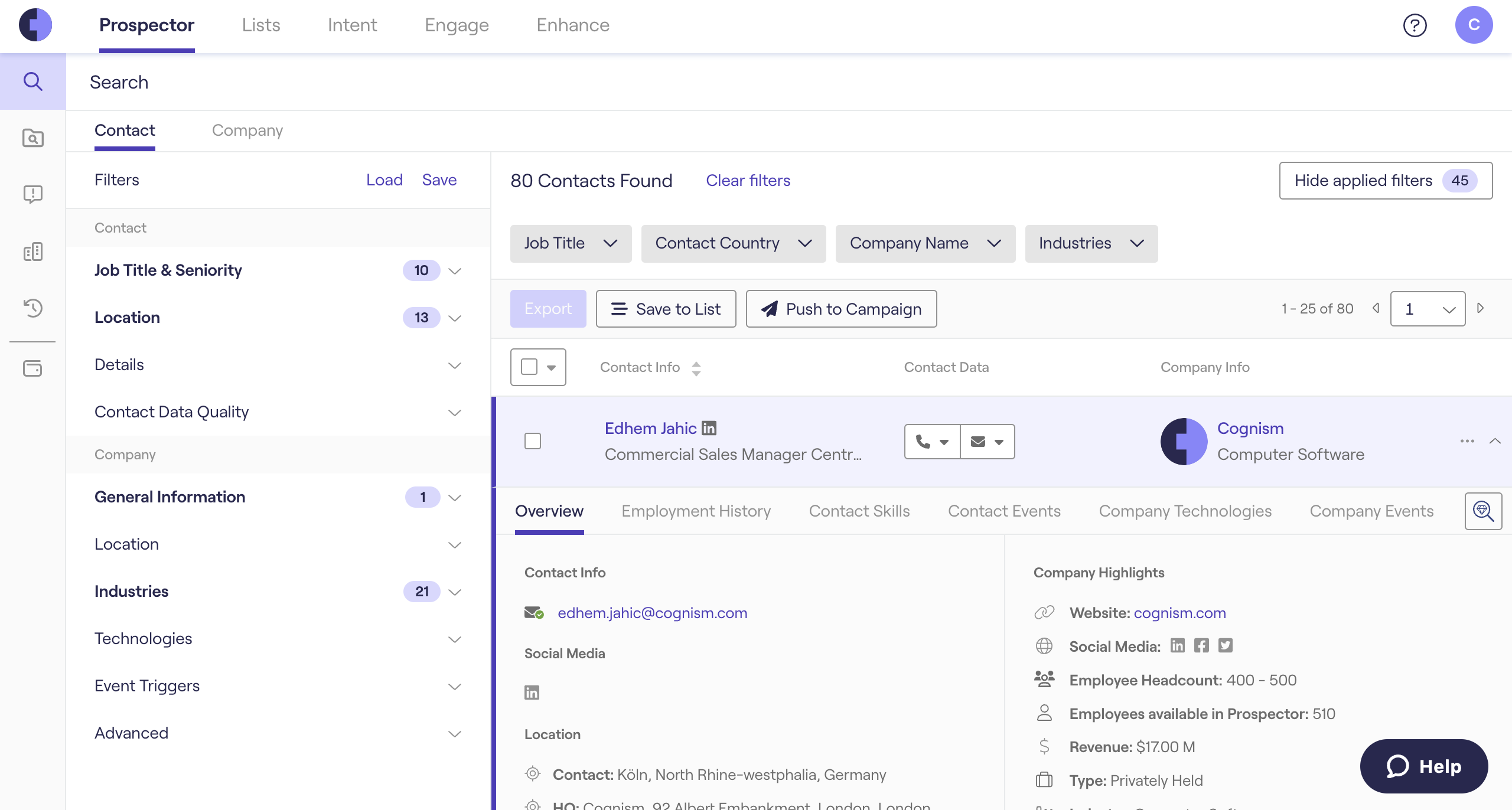 Ein Screenshot des Cognism Prospector Sales Tools
