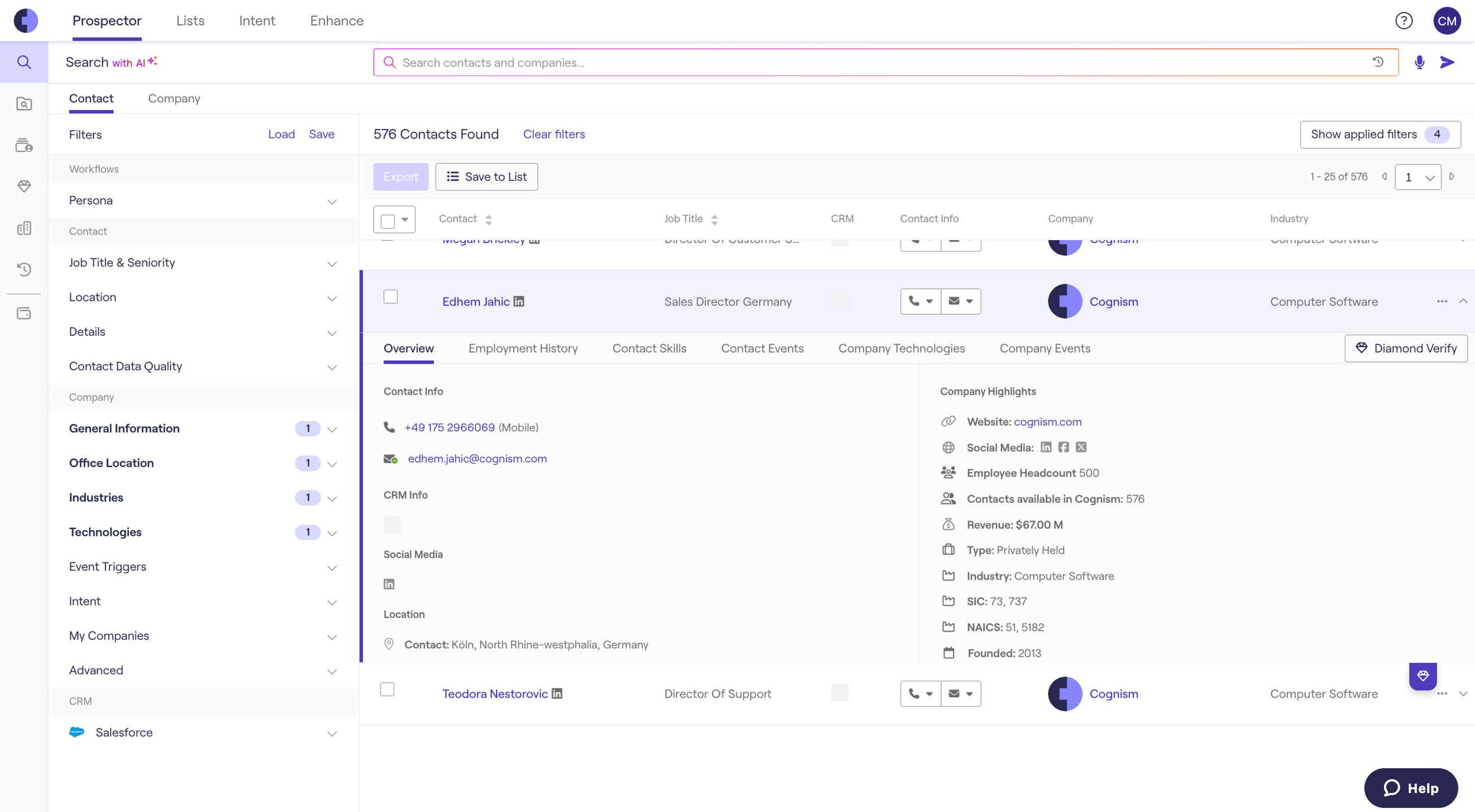 Ein Screenshot des Cognism Prospector Sales Tools