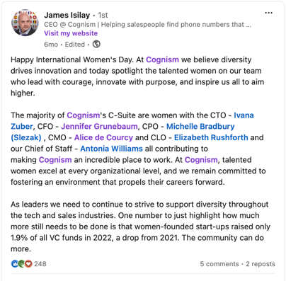 James Isilay LinkedIn post on celebrating international womens' day