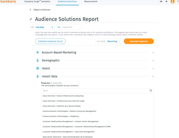 Screenshot of the Bombora audience solutions report.