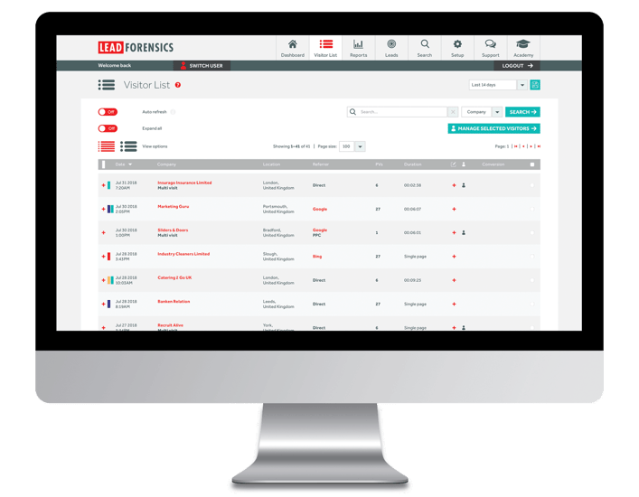 Screenshot of the Lead Forensics sales automation visitor list in action.