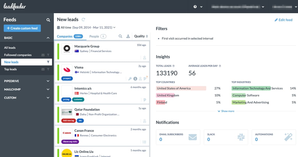 Example of Leadfeeder sales automation tool. Showcasing the lead filter in action.