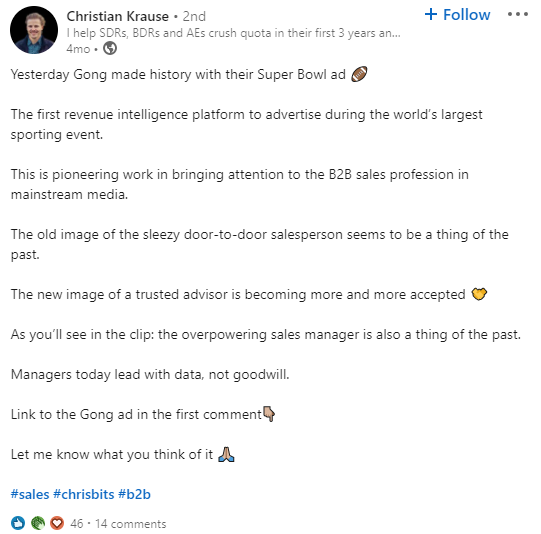 Gong LinkedIn post