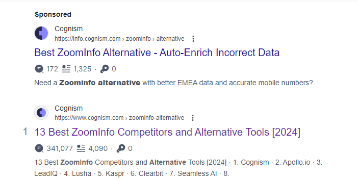An example of a Cognism Google ad and a page ranking no.1 together.