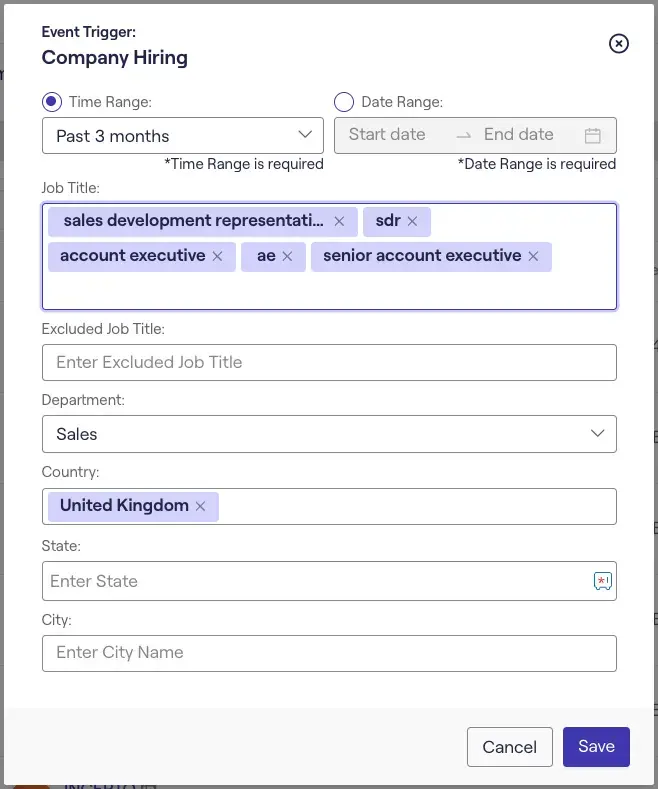 Screenshot of Cognism Prospector company hiring event trigger